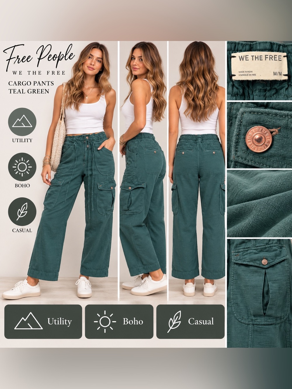 Free People We The Free Cargo Pants Medium Teal Green 100% Cotton Utility